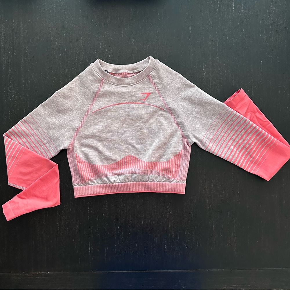 Gymshark Amplify Seamless long Sleeve Crop Top - Taupe Marl/Peach Coral